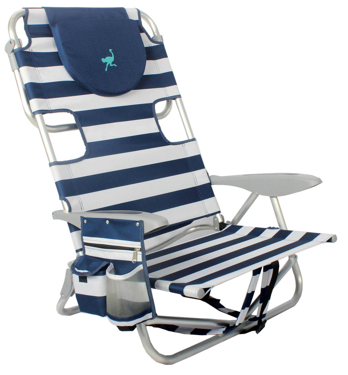 Navy and White Striped Ostrich Deluxe On Your Back Chairwith Cooler Bag - Aluminum